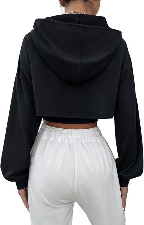 Drop Shoulder Drawstring Super Crop Hoodie