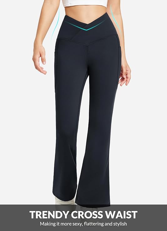 Women's Black Asymmetric Waistband Flared Casual Pants