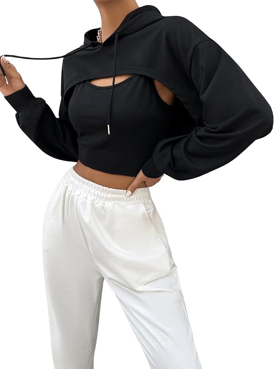 Drop Shoulder Drawstring Super Crop Hoodie