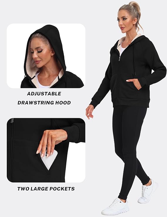 Women's Casual Loose Fit Black Knitted Hooded Fleece Sweatshirt