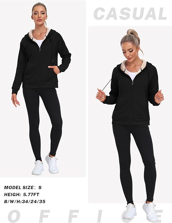 Women's Casual Loose Fit Black Knitted Hooded Fleece Sweatshirt