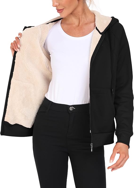 Women's Casual Loose Fit Black Knitted Hooded Fleece Sweatshirt