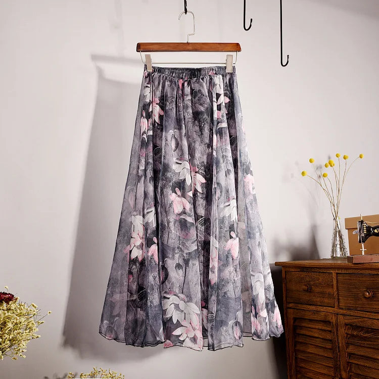 Floral Printed Bohemian Women Retro Style Graceful Chiffon Temperament Long Skirts