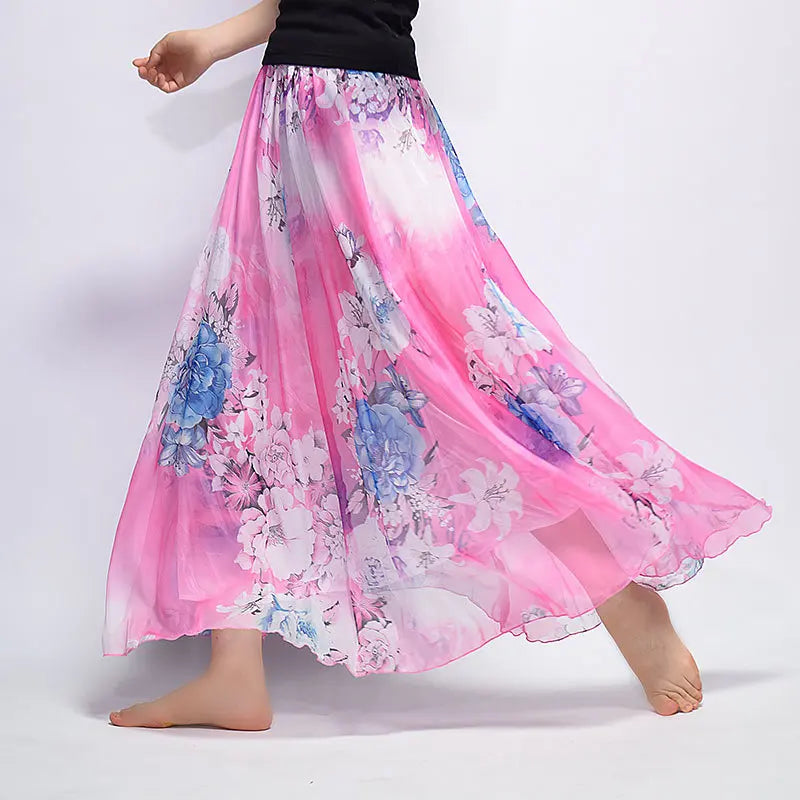 Floral Printed Bohemian Women Retro Style Graceful Chiffon Temperament Long Skirts