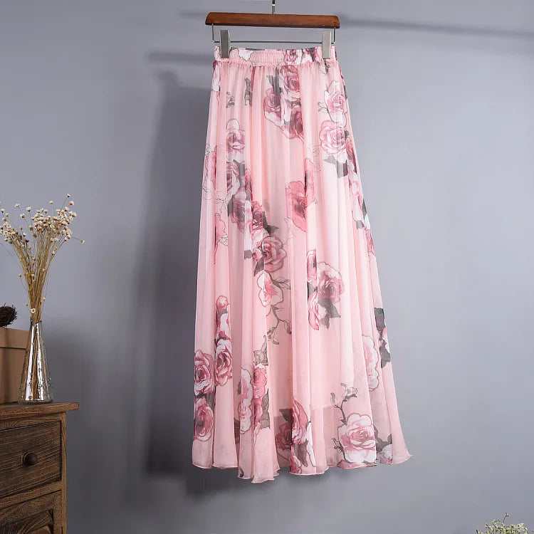 Floral Printed Bohemian Women Retro Style Graceful Chiffon Temperament Long Skirts