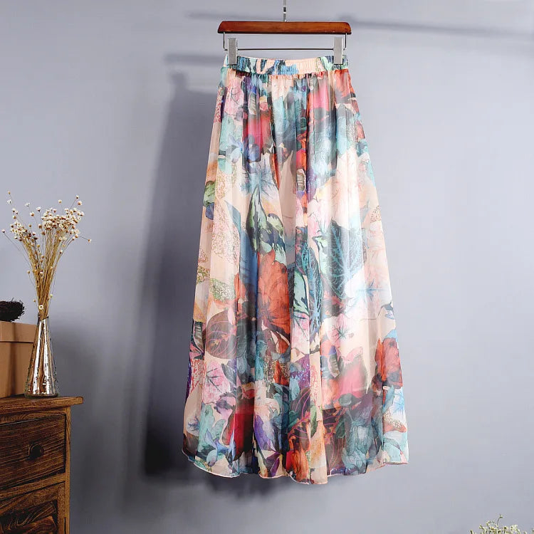 Floral Printed Bohemian Women Retro Style Graceful Chiffon Temperament Long Skirts