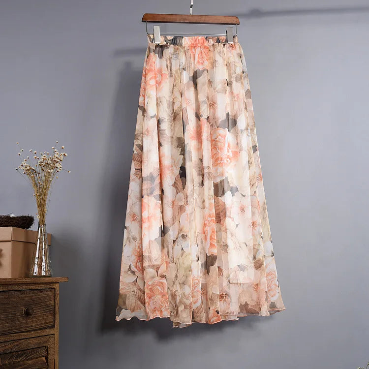 Floral Printed Bohemian Women Retro Style Graceful Chiffon Temperament Long Skirts