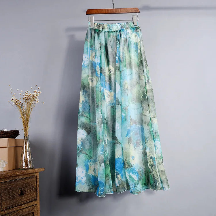 Floral Printed Bohemian Women Retro Style Graceful Chiffon Temperament Long Skirts