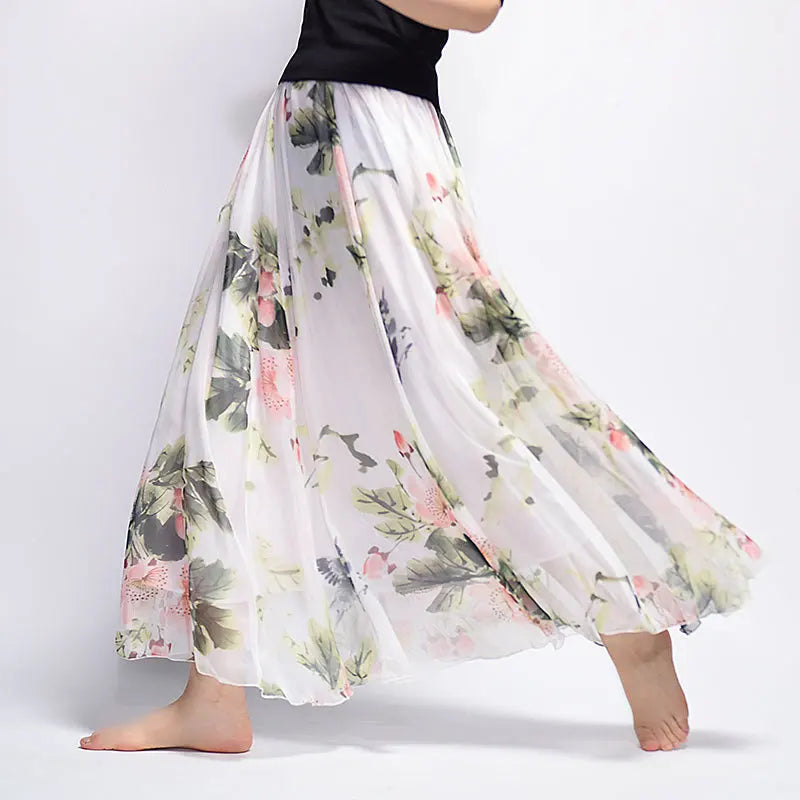 Floral Printed Bohemian Women Retro Style Graceful Chiffon Temperament Long Skirts