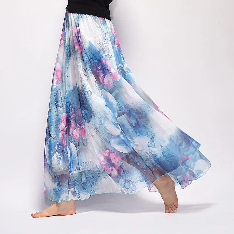 Floral Printed Bohemian Women Retro Style Graceful Chiffon Temperament Long Skirts