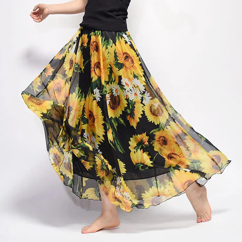 Floral Printed Bohemian Women Retro Style Graceful Chiffon Temperament Long Skirts