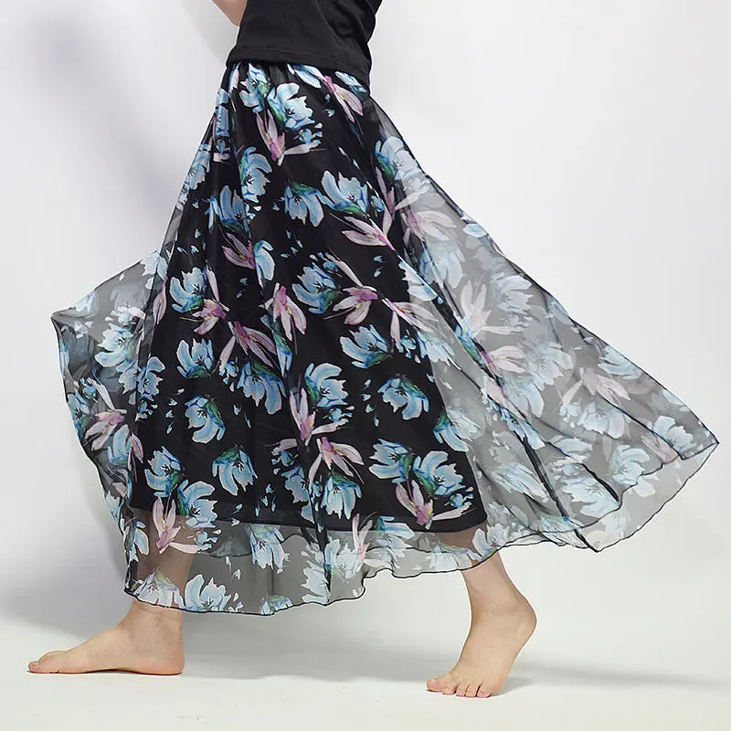 Floral Printed Bohemian Women Retro Style Graceful Chiffon Temperament Long Skirts