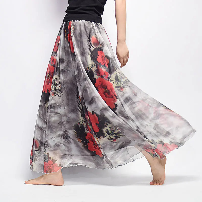 Floral Printed Bohemian Women Retro Style Graceful Chiffon Temperament Long Skirts