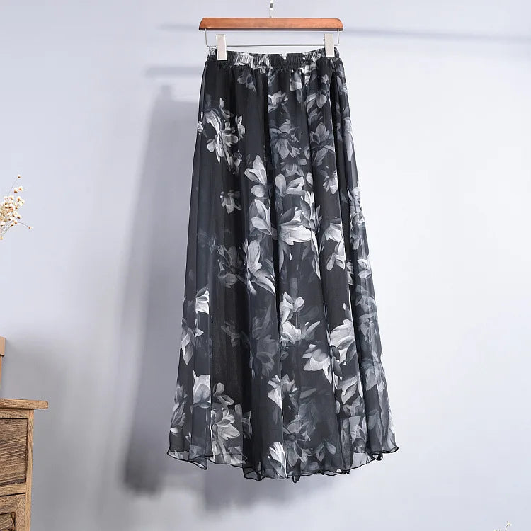 Floral Printed Bohemian Women Retro Style Graceful Chiffon Temperament Long Skirts