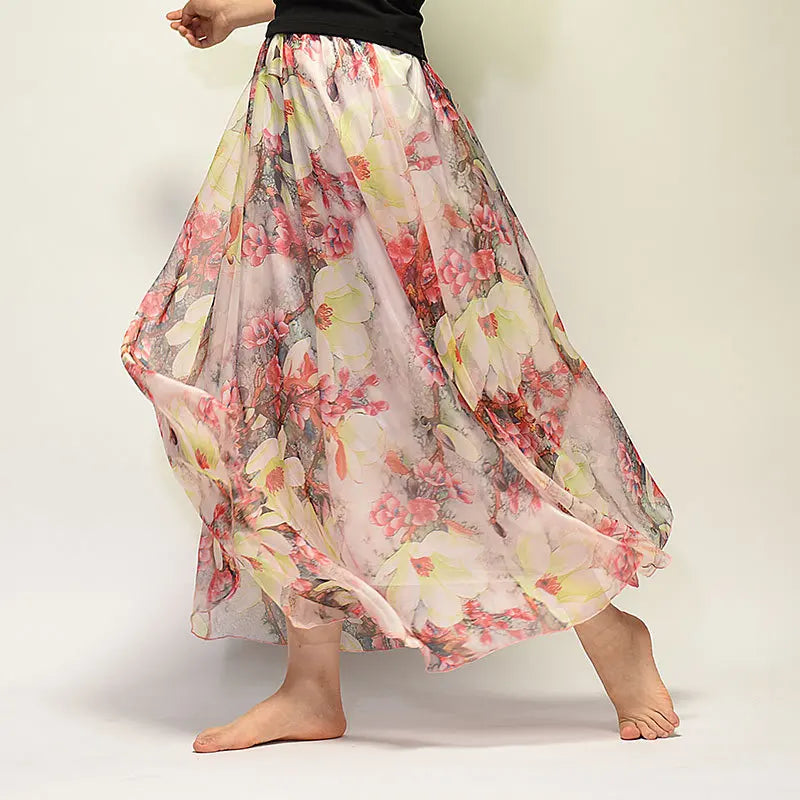 Floral Printed Bohemian Women Retro Style Graceful Chiffon Temperament Long Skirts