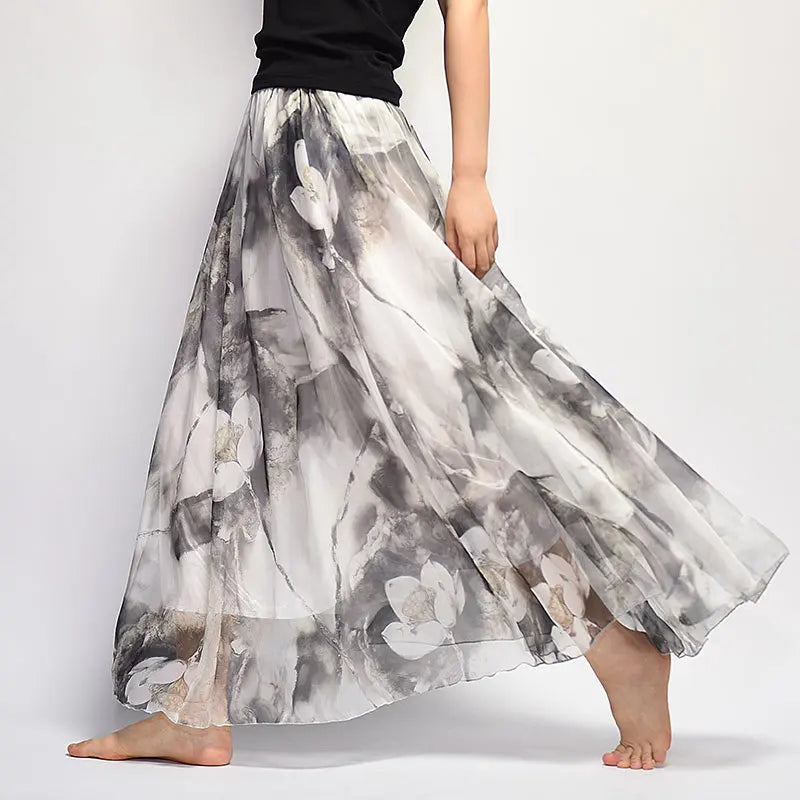 Floral Printed Bohemian Women Retro Style Graceful Chiffon Temperament Long Skirts