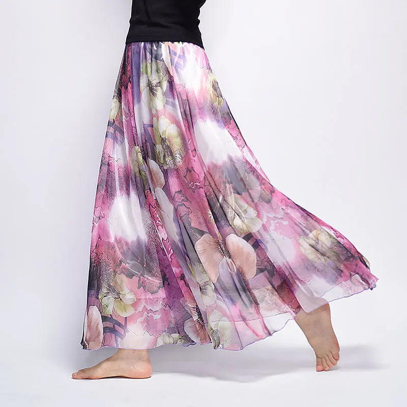 Floral Printed Bohemian Women Retro Style Graceful Chiffon Temperament Long Skirts