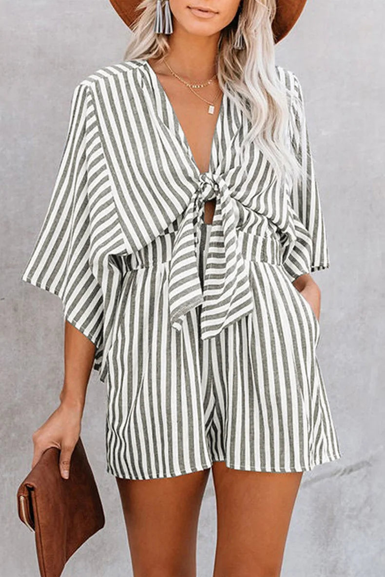 Women's Sexy Deep V-neck  Loose Stripe Romper