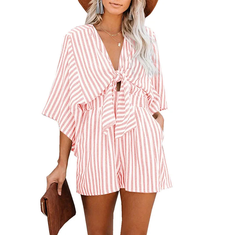 Women's Sexy Deep V-neck  Loose Stripe Romper