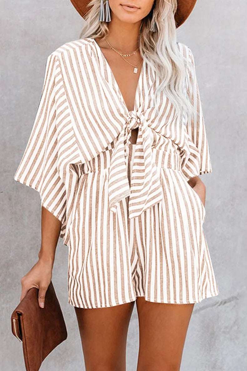 Women's Sexy Deep V-neck  Loose Stripe Romper